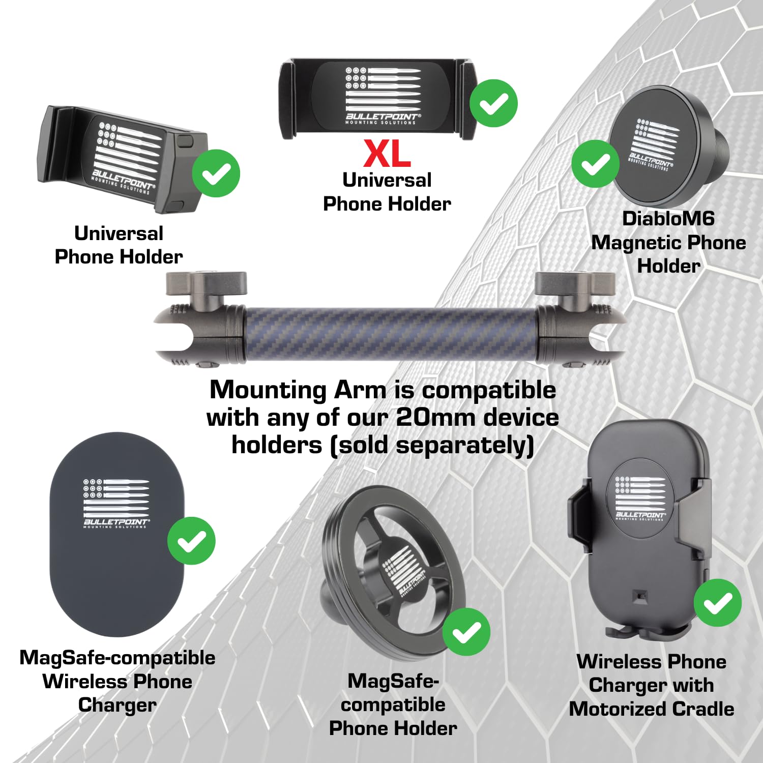 Bulletpoint Mounting Solutions Dash Mount 8.26'' Arm Compatible With Iphone And Android Smartphones - Fits 20Mm Attachment Ball